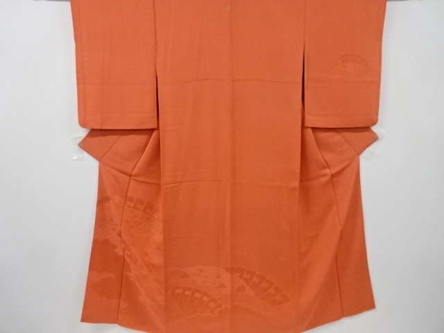 檜扇に寺院模様織り出し一つ紋付け下げ色無地着物